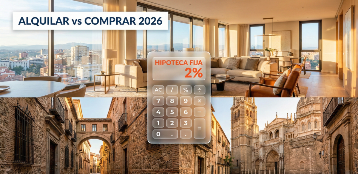 Tabla comparativa de hipoteca fija al 2% frente al alquiler en Madrid y Toledo con datos reales de 2025-2026