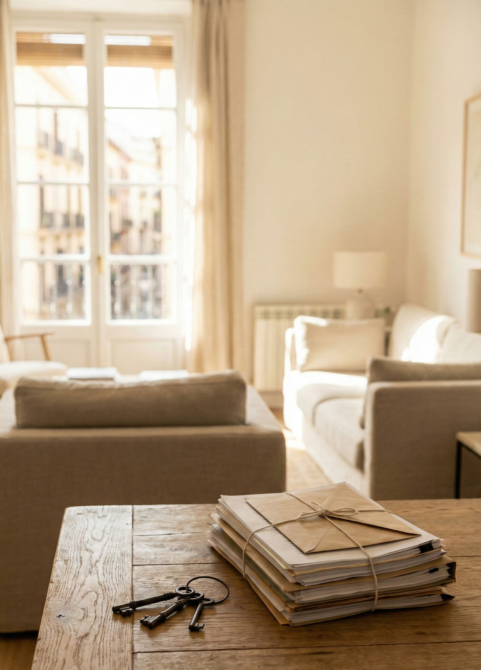 Llaves antiguas y documentos de herencia sobre mesa en vivienda luminosa en Madrid