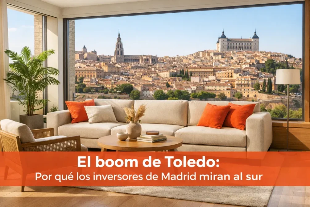 Interior moderno de vivienda en Toledo con luz natural y vistas al casco histórico, ideal para inversión inmobiliaria desde Madrid