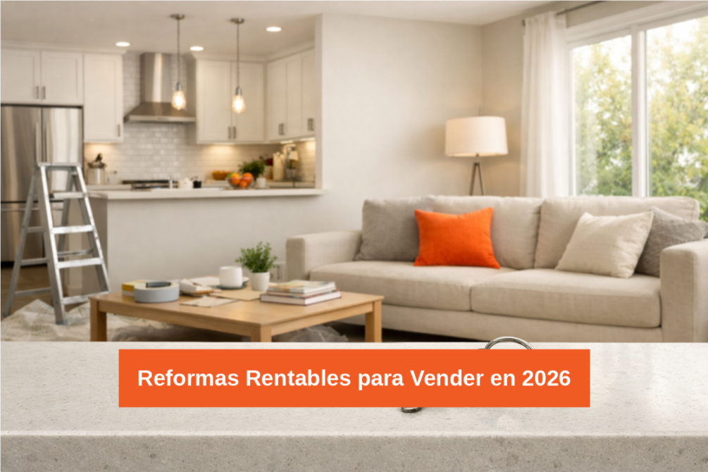 Propietario revisando con asesor inmobiliario de amâbit las opciones de reforma de una vivienda antes de ponerla a la venta, en salón luminoso moderno.