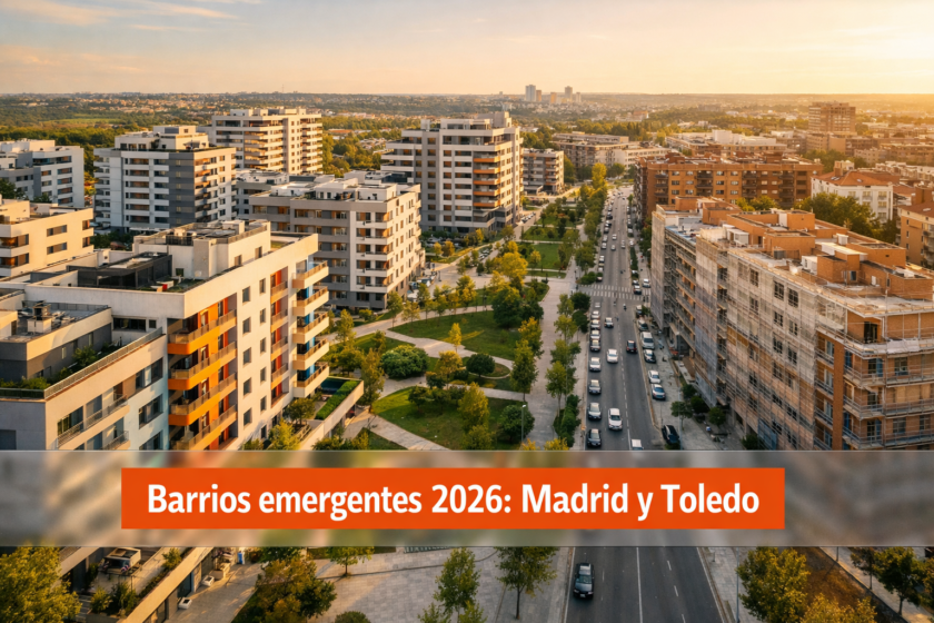 Vista aérea de barrio residencial moderno en transformación urbana con nuevas infraestructuras y zonas verdes, imagen editorial inmobiliaria amâbit