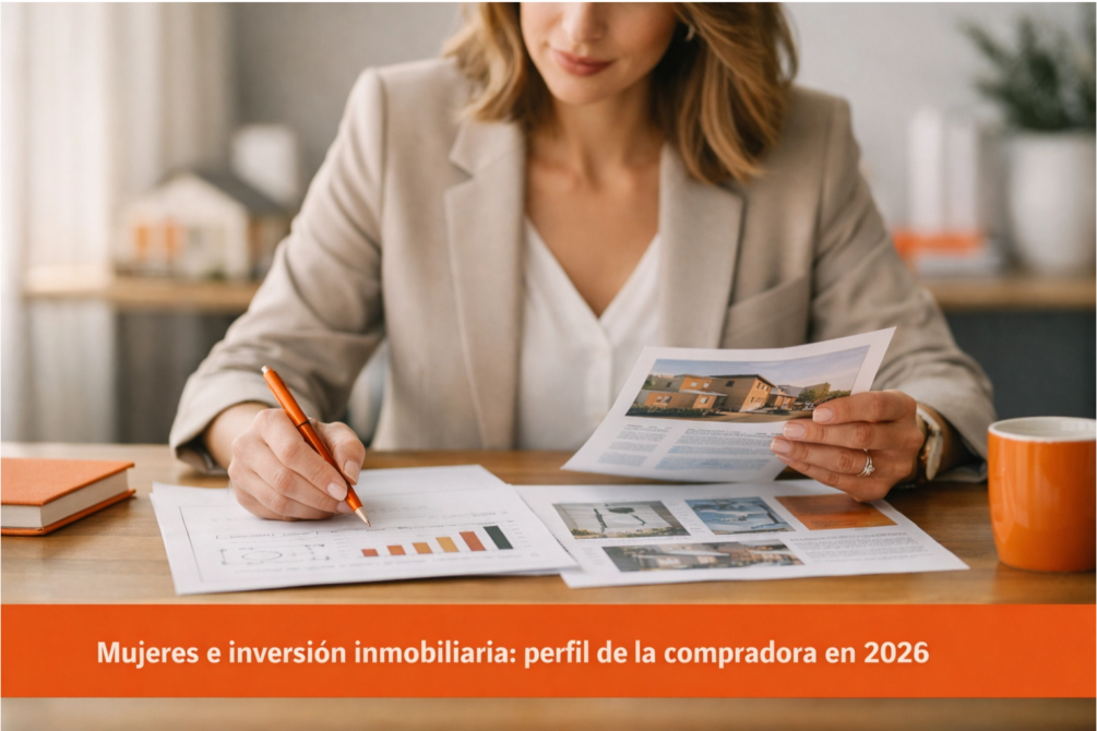 Mujer profesional revisando documentación de compraventa en oficina moderna, asesoramiento inmobiliario amâbit 2026