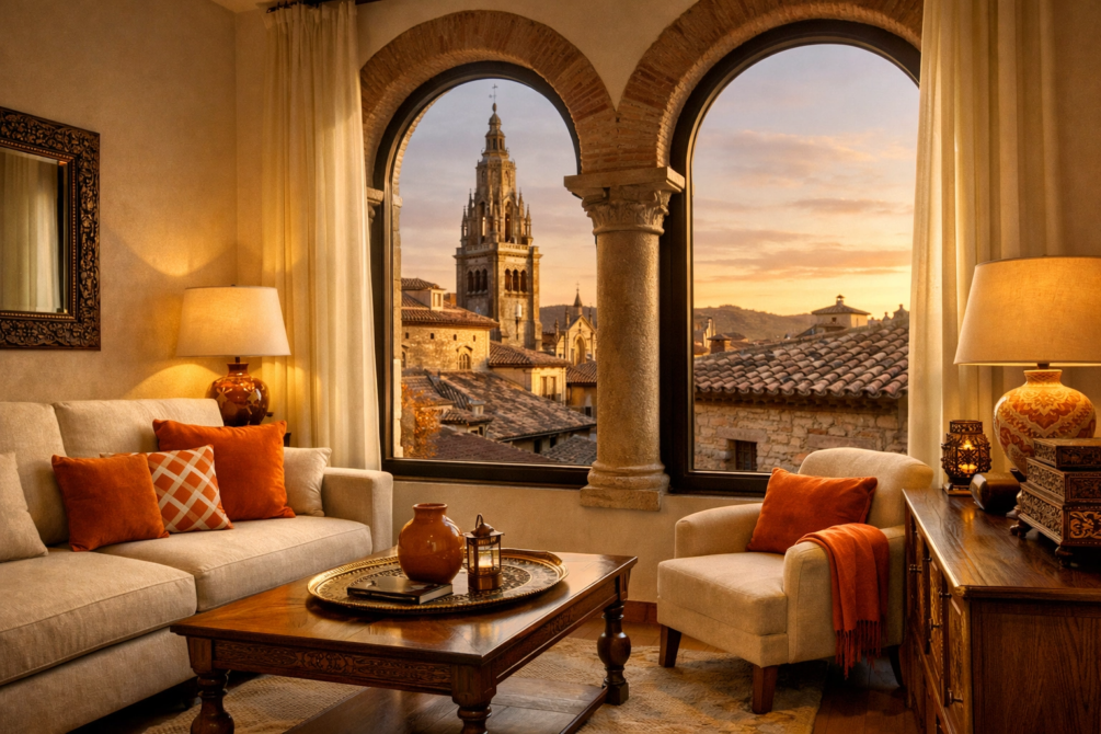 Vista del casco histórico de Toledo desde un apartamento turístico con vistas a la Catedral, ambiente patrimonial y lumínico al atardecer