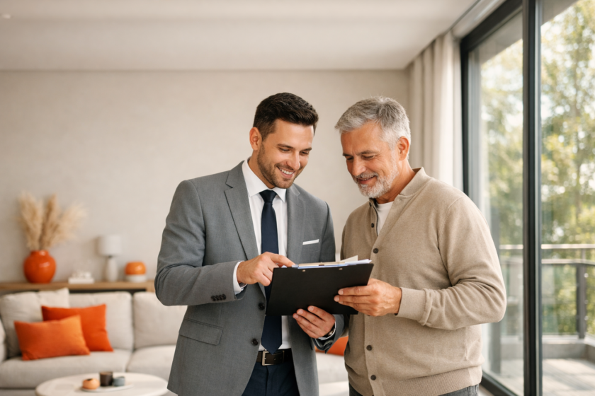 Asesor inmobiliario de amâbit revisando documentación de certificado de eficiencia energética con propietario en vivienda moderna antes de la venta