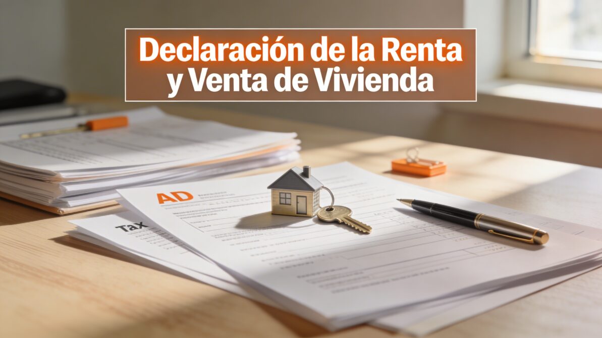 Documentación fiscal de venta de vivienda sobre escritorio de madera con asesor inmobiliario de amâbit revisando escrituras y justificantes de gastos