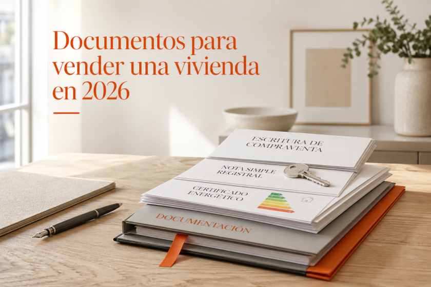 Mesa de notaría con escritura de compraventa, nota simple y llave de vivienda sobre documentos inmobiliarios ordenados para la firma con amâbit