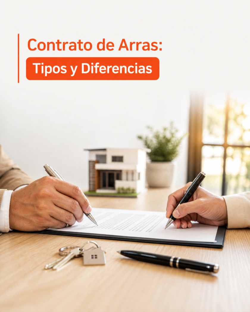 Dos personas firmando un contrato de arras de compraventa de vivienda en una mesa de madera con llave y documentos, luz natural, oficina de asesoría inmobiliaria amâbit
