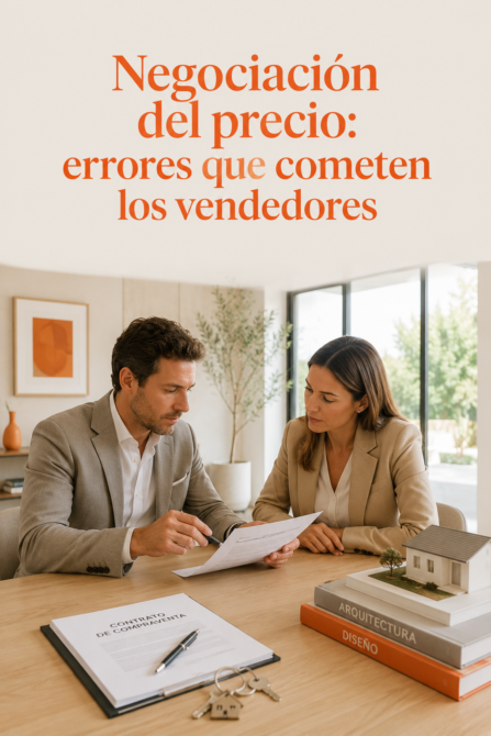 Vendedor y asesor inmobiliario revisando documentación de venta en reunión de negociación en oficina moderna de amâbit Madrid