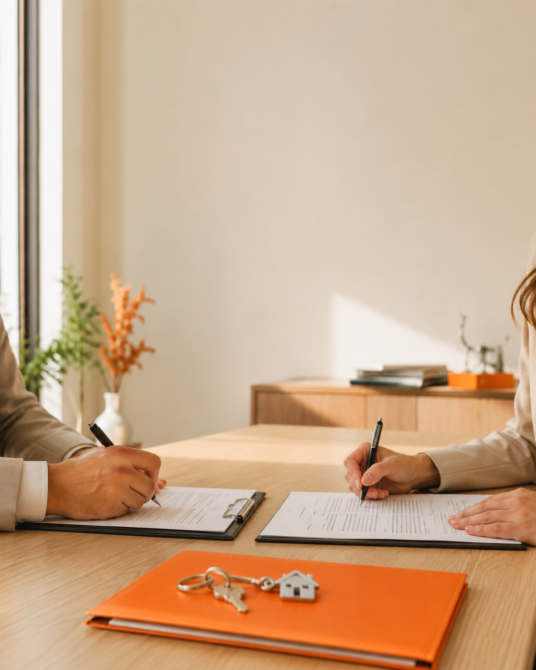Firma de escritura de compraventa en notaría con documentos y llave de vivienda sobre mesa, asesor inmobiliario de amâbit revisando la operación