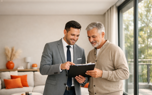 Asesor inmobiliario de amâbit revisando documentación de certificado de eficiencia energética con propietario en vivienda moderna antes de la venta