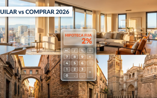 Tabla comparativa de hipoteca fija al 2% frente al alquiler en Madrid y Toledo con datos reales de 2025-2026