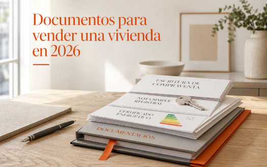 Mesa de notaría con escritura de compraventa, nota simple y llave de vivienda sobre documentos inmobiliarios ordenados para la firma con amâbit