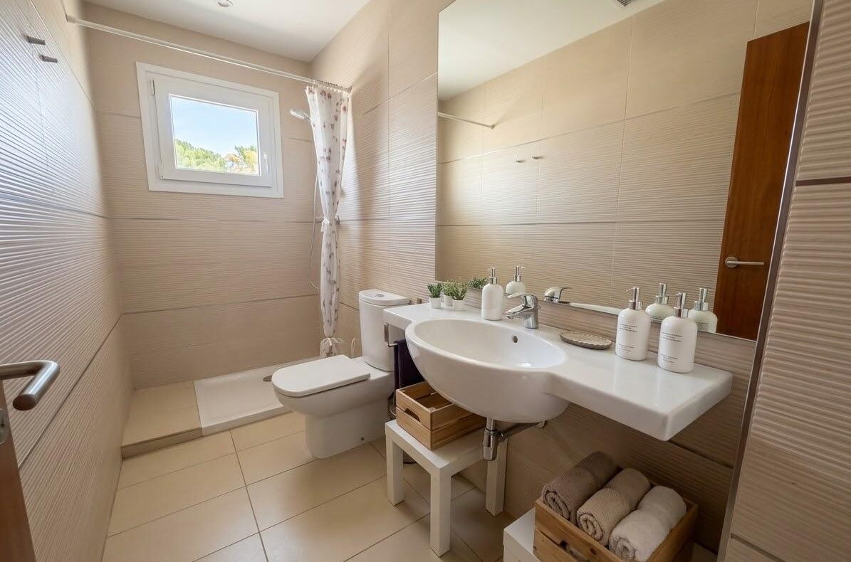 Bright beige bathroom with a wall-length mirror, white sink, and organized toiletries on the counter next to a toilet and shower curtain.