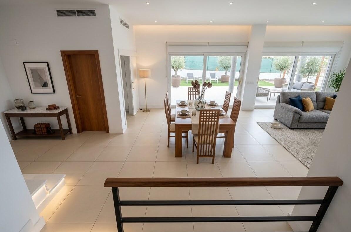 Open-plan living and dining area with a six-seat wooden dining table at the center, a gray sofa to the right, and large glass doors leading to an outdoor patio; foreground shows a black railing and white tiled floor, with a console table and framed art on the left.