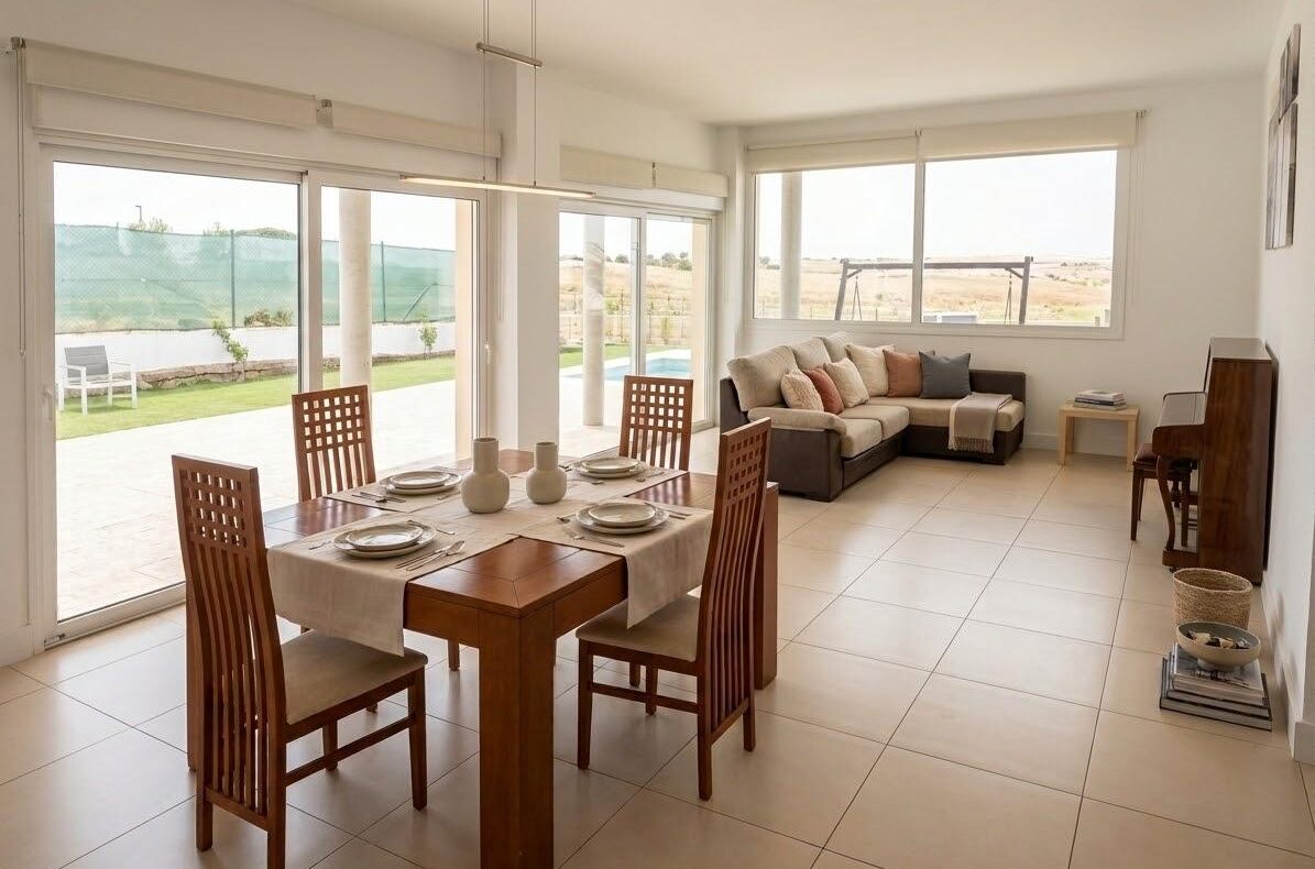 Open-plan dining and living area with a wooden six-seat dining table set for a meal, beige tile floor, and large windows showing a pool and outdoor yard.