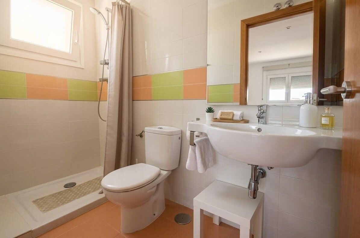 Bright compact bathroom with a shower, beige curtain, white toilet, and a wall-mounted sink for a clean, functional space.