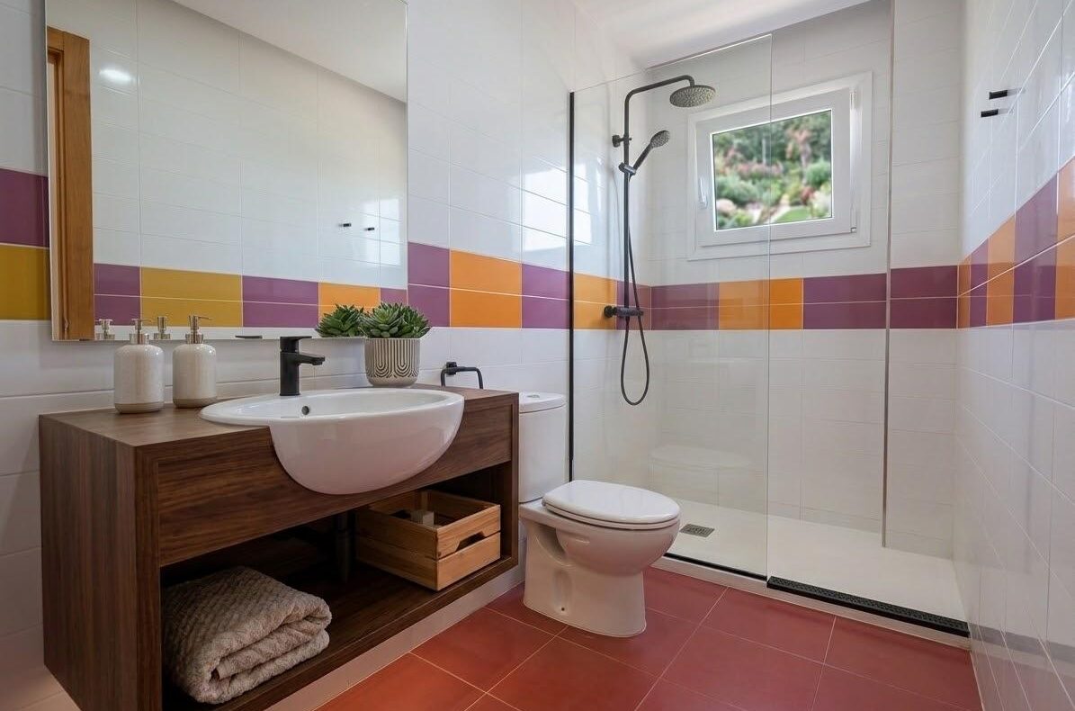 Modern bathroom with a wood vanity, white vessel sink, and glass-enclosed walk-in shower; colorful orange and purple tile stripe on white walls.