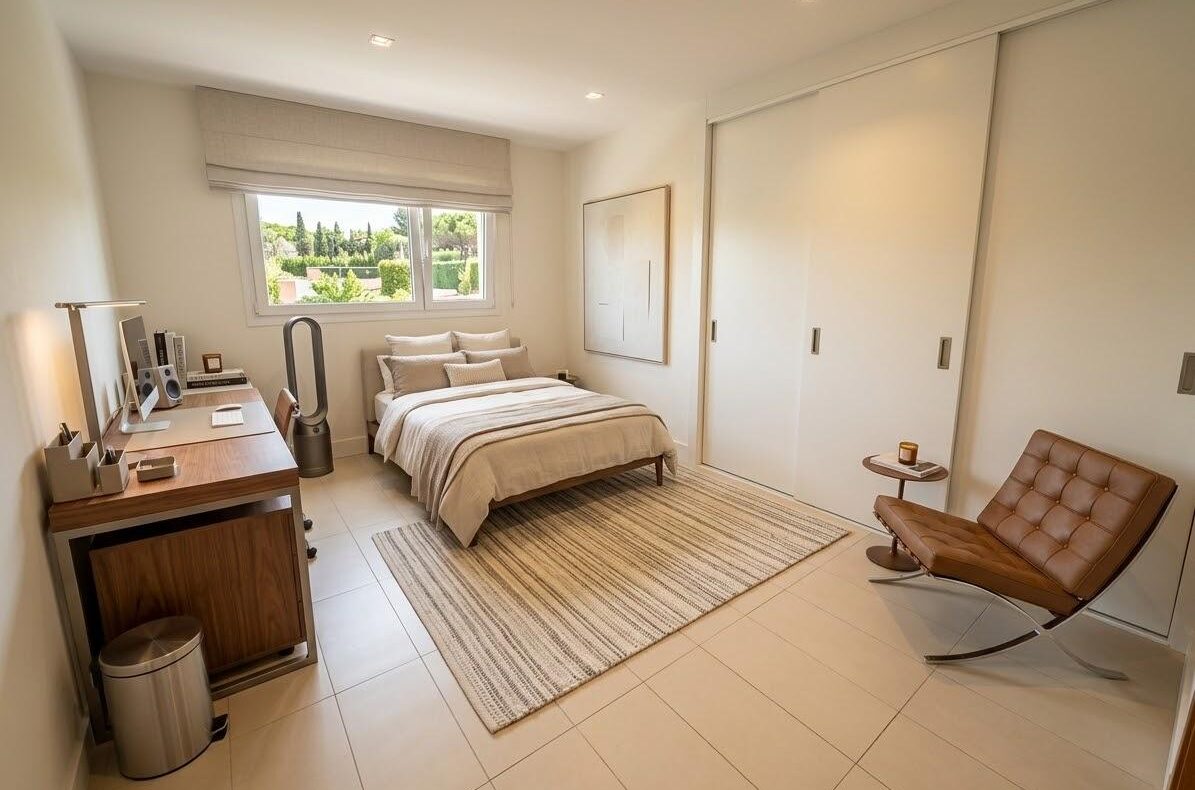 Bright minimalist bedroom with a queen bed, neutral bedding, striped rug, and a wooden desk by the window showing a garden view/