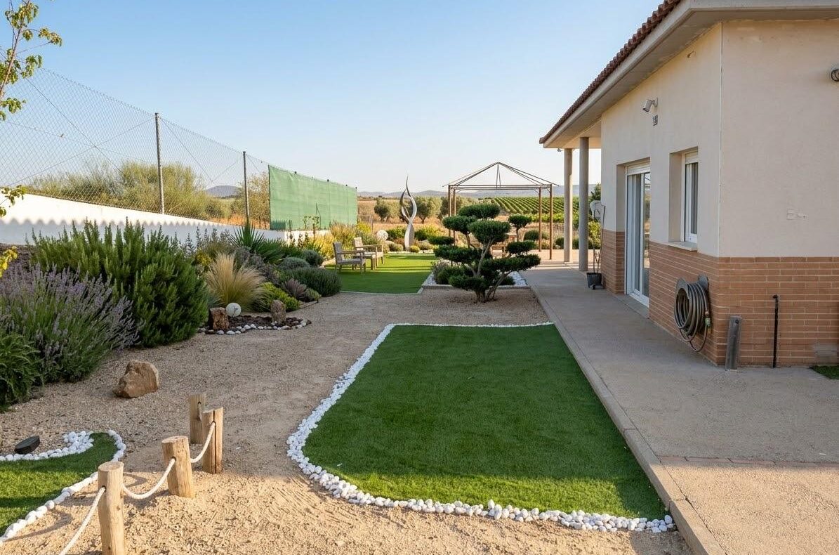 Backyard garden at a house: drought-tolerant plants, gravel paths, white stone edging, and a small seating area beyond a green lawn strip under a clear sky.