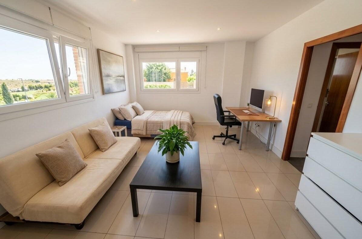 Bright studio with a beige sofa, coffee table, and a bed against the back wall; a workspace with a computer desk and chair nearby; large windows provide natural light and greenery outside.