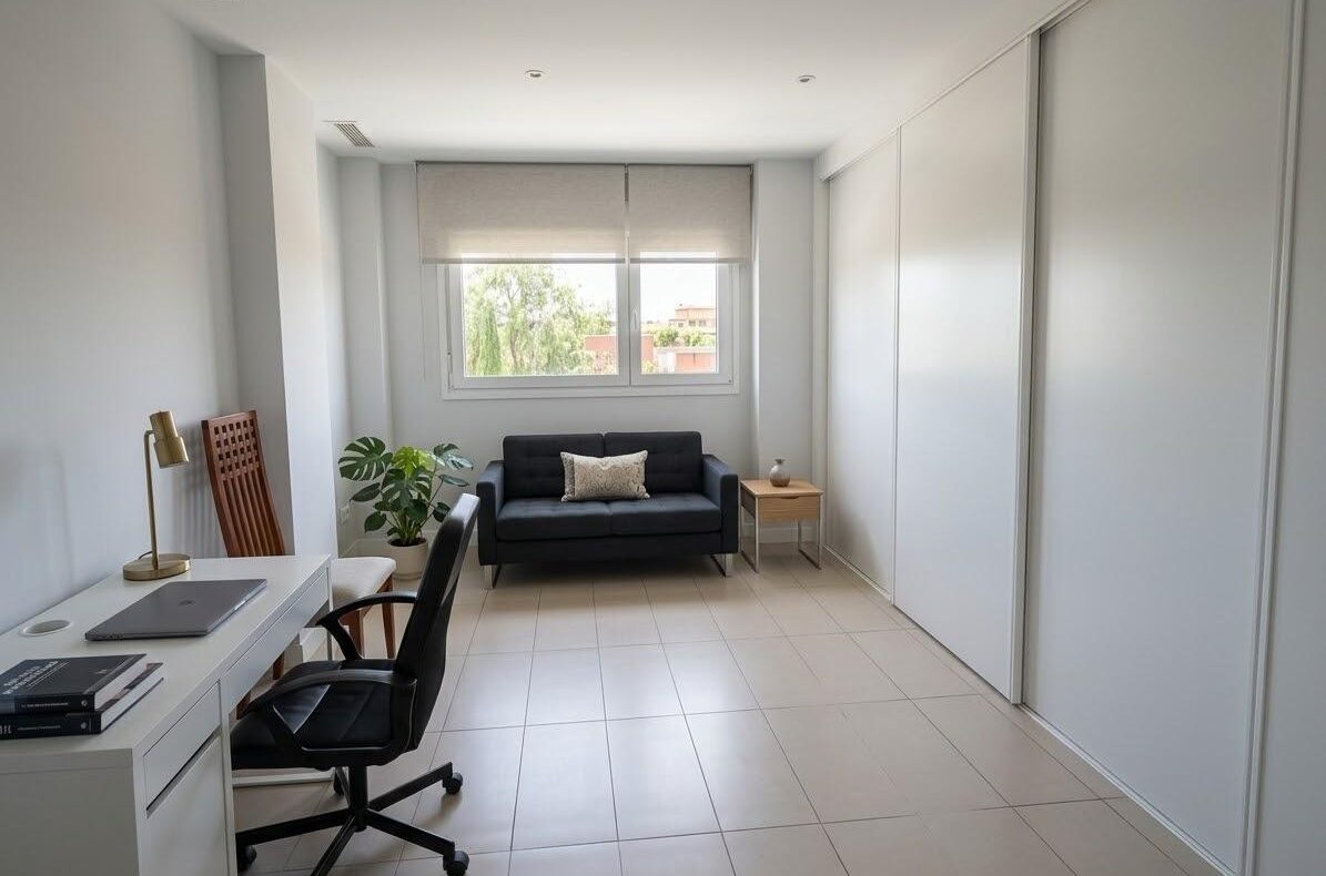 Bright minimalist home office with a white desk and chair on the left, a black sofa by the window, and white built-in closets on the right.
