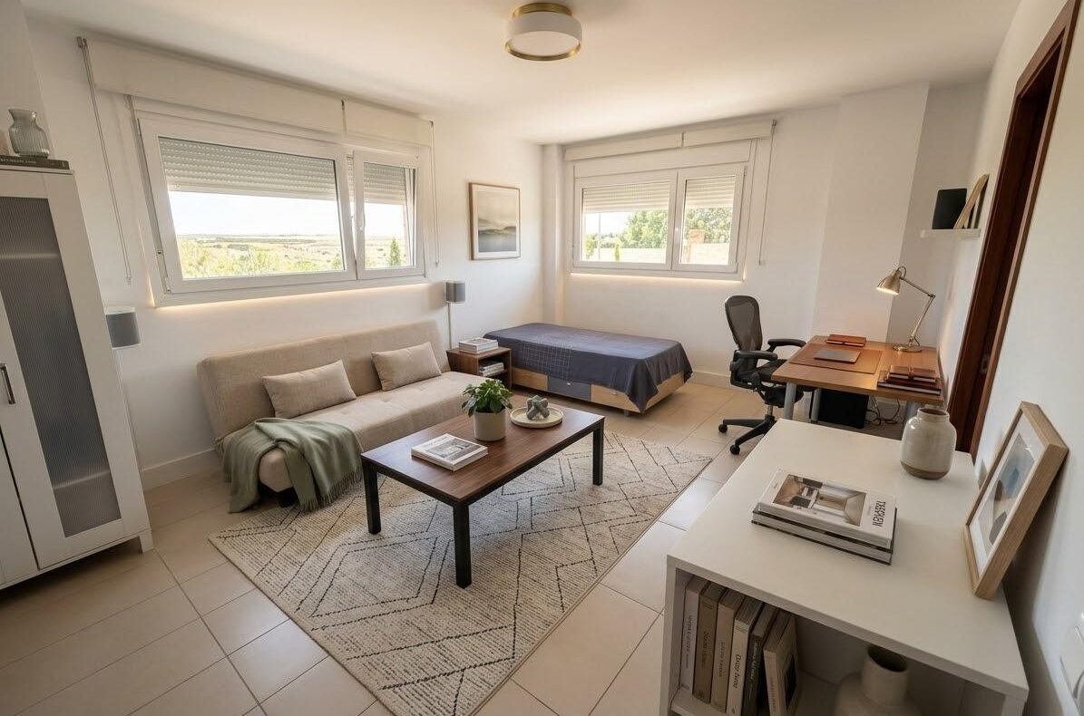 Sunlit studio with a beige sofa, coffee table, single bed, and a tidy desk setup by a window area.