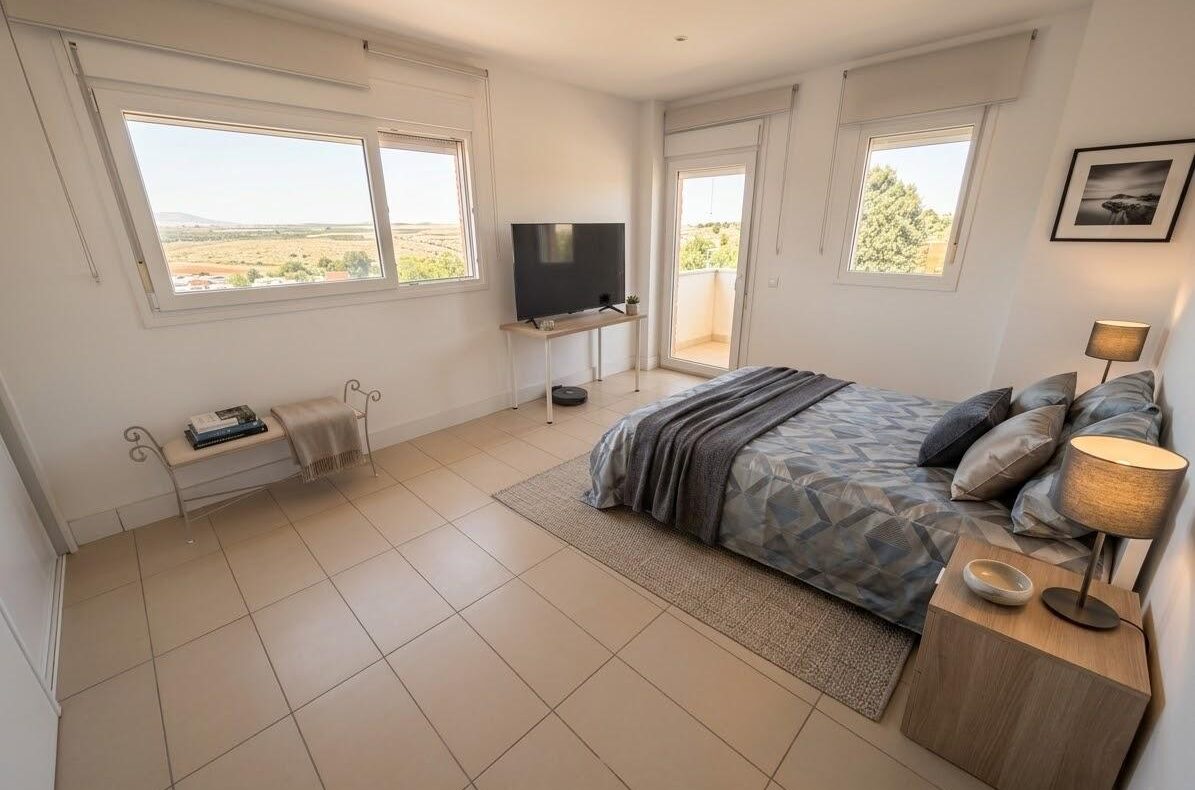 Bright, modern bedroom with a double bed, geometric blue-gray bedding, two bedside lamps, and a TV on a console facing the bed, plus a balcony door leading outside.