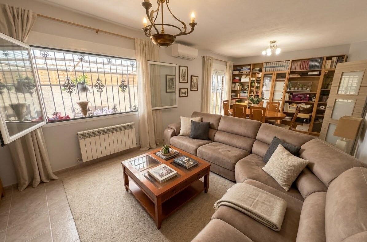 Cozy living room with a large beige sectional sofa, wooden coffee table, and a full wall of bookshelves in the background, with a dining area beyond it.