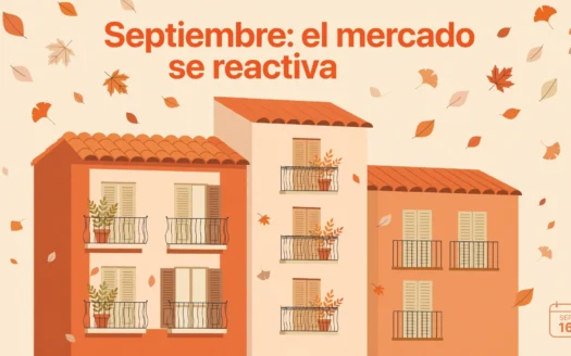 Ilustración editorial de una ciudad con edificios residenciales y un calendario de otoño, estilo minimalista, colores cálidos
