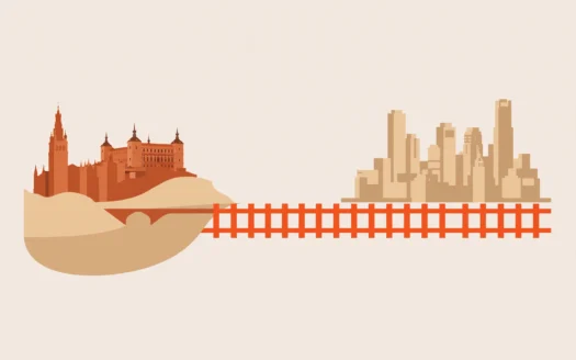 ilustración comparativa de toledo y madrid conectadas por una línea de ave simbolizando la elección entre ambas ciudades para vivir