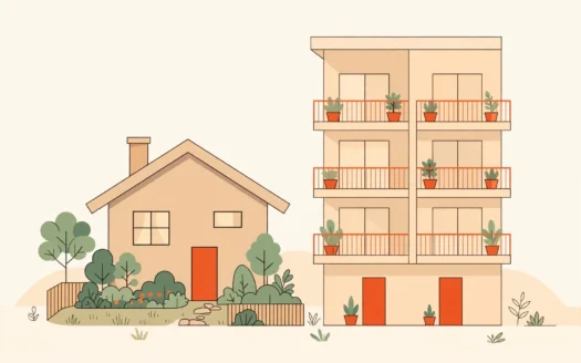 Ilustración de un chalet con jardín junto a un edificio de pisos para comparar tipos de vivienda