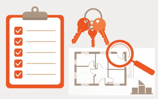 ilustración de un checklist con llaves y un plano de vivienda para la primera visita a un piso