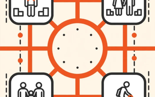 ilustración para elegir barrio en madrid según la etapa de vida persona sola pareja familia con hijos y jubilado