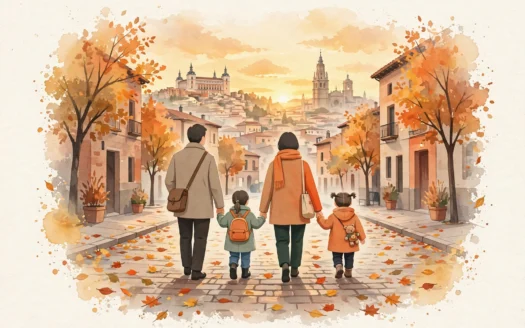 ilustración de una familia con niños paseando por una calle de toledo en otoño