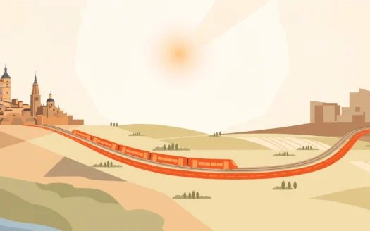 ilustración de toledo y madrid conectadas por tren y carretera para quien vive en toledo y trabaja en madrid
